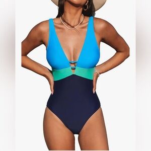 Women One Piece Swimsuit Bathing Suit Cutout V Neck Adjustable Straps H23